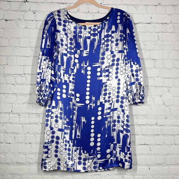 Dress Limited Collection 100% Silk Size 4 Mini Round Neck Geo Blue Flowy Soft - Picture 1 of 11
